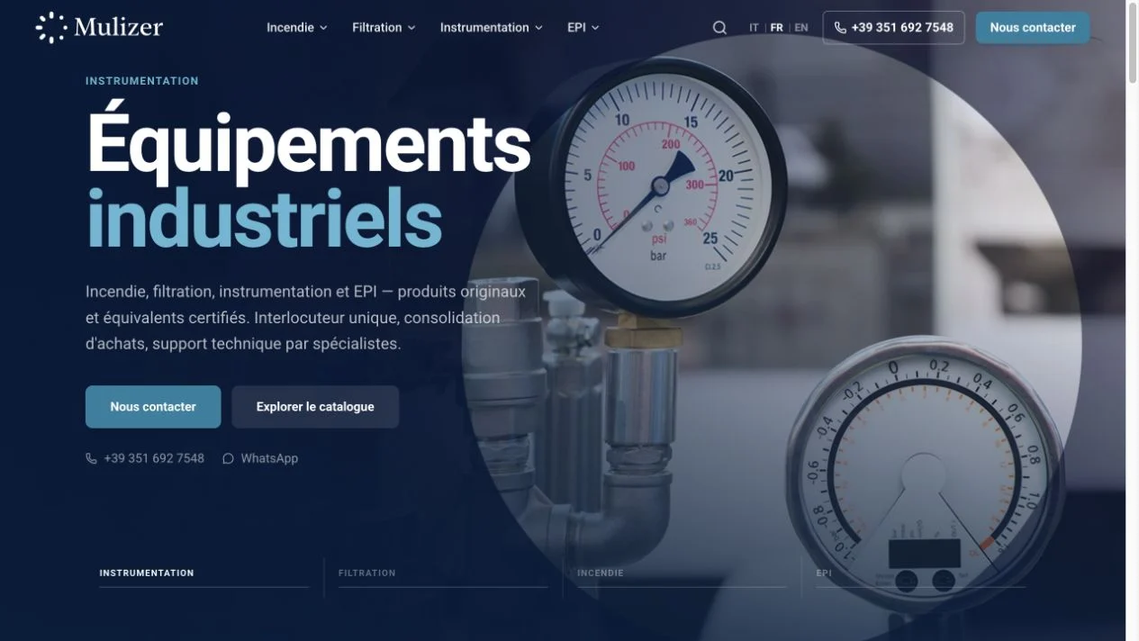 Page d’accueil actuelle de Mulizer présentant ses univers industriels.